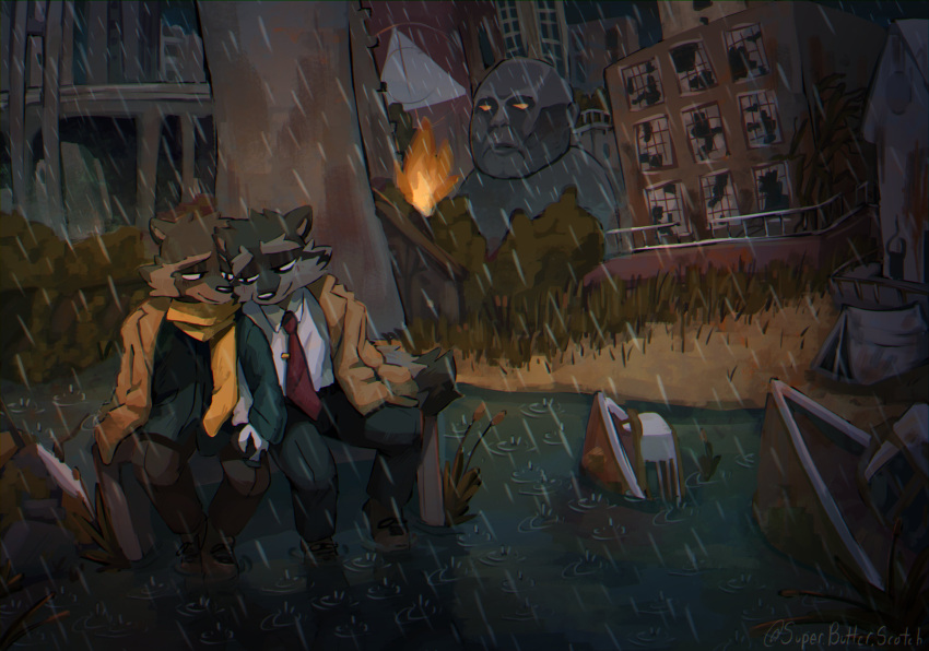 2024 absurd_res anthro bottomwear clothing detailed_background duo english_text hand_holding hi_res howard_lotor larry_(tails_noir) male male/male mammal necktie outside pants procyonid raccoon raining scarf shirt sitting superbutterscotch tails_noir text topwear