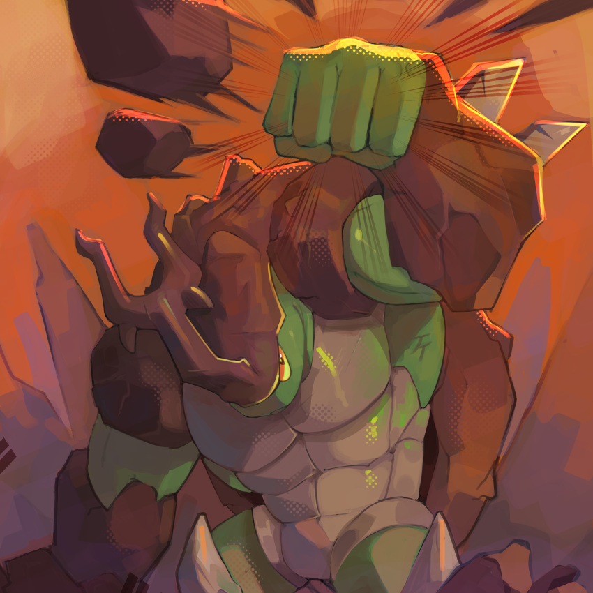 1boy abs absurdres bara clenched_hand english_commentary furry greenderg highres kragg_(rivals_of_aether) muscular outdoors punching rhinoceros_beetle rivals_of_aether rock solo standing yellow_eyes