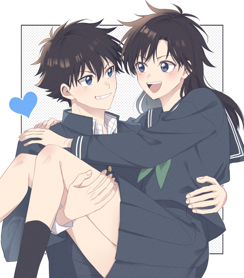 1boy arms_around_neck black_socks blue_eyes brown_hair carrying commentary_request couple eye_contact female floating_hair grin hand_on_another's_back hand_on_another's_thigh heart highres holding kuroba_kaito long_hair looking_at_another magic_kaito nakamori_aoko open_mouth pleated_skirt princess_carry sailor_collar sailor_shirt school_uniform shirt short_hair side_part skirt smile socks straight yu_si02