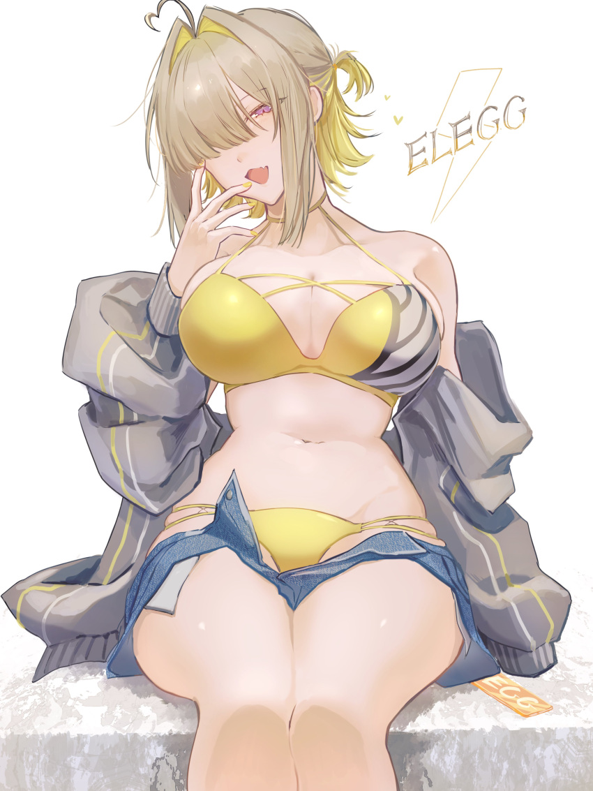 absurdres asagi_12_457 blonde_hair blue_shorts character_name denim denim_shorts elegg_(nikke) female goddess_of_victory:_nikke hair_intakes hair_over_eyes hair_over_one_eye highres jacket nail_polish navel open_fly plump purple_eyes shorts solo yellow_nails