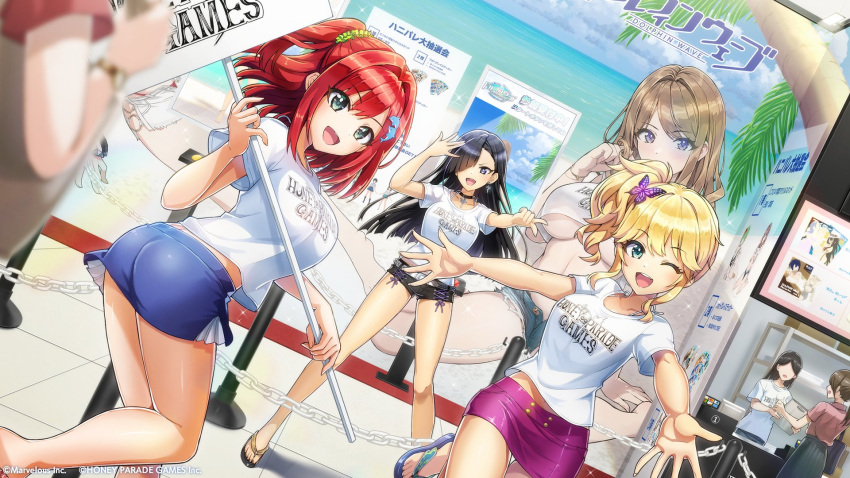 4girls bare_arms bare_legs black_hair blonde_hair breasts brown_hair collar dolphin_wave earrings faceless faceless_female green_eyes hair_between_eyes hair_ornament hair_over_one_eye hairclip highres holding holding_sign izumi_kiri jewelry kurose_minami large_breasts long_hair looking_at_viewer miniskirt multiple_girls official_art one_eye_closed ootomo_takuji open_mouth outstretched_arms purple_eyes red_hair sakimiya_iruka sandals shirt short_shorts short_sleeves shorts side_ponytail sign skirt smile suminoe_shion wavy_hair white_shirt