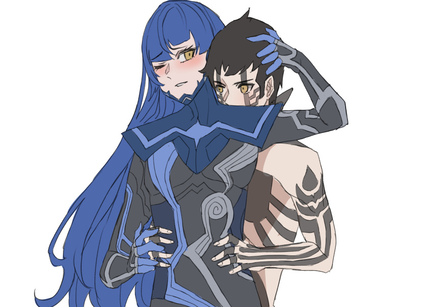 2boys absurdres androgynous black_bodysuit black_hair blue_hair bodysuit demi-fiend full-body_tattoo hand_on_another's_head hands_on_another's_waist highres hug hug_from_behind in-franchise_crossover long_hair looking_at_another male_focus multiple_boys parted_lips protagonist_(smtv) reno_426 shin_megami_tensei shin_megami_tensei_iii:_nocturne shin_megami_tensei_v short_hair simple_background tattoo topless_male white_background yaoi yellow_eyes