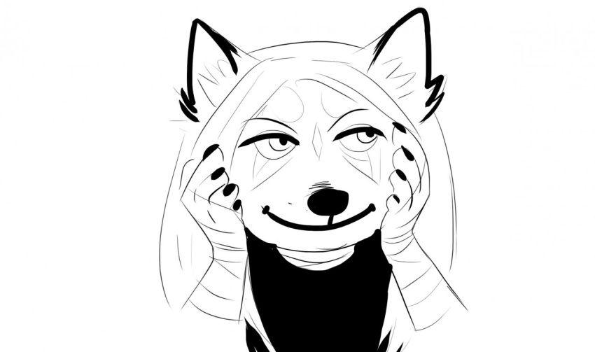 anthro bust_portrait closed_smile facial_markings female front_view head_markings inner_ear_fluff looking_aside markings monochrome mouth_closed narrowed_eyes portrait simple_background smile solo tuft unknowhiter