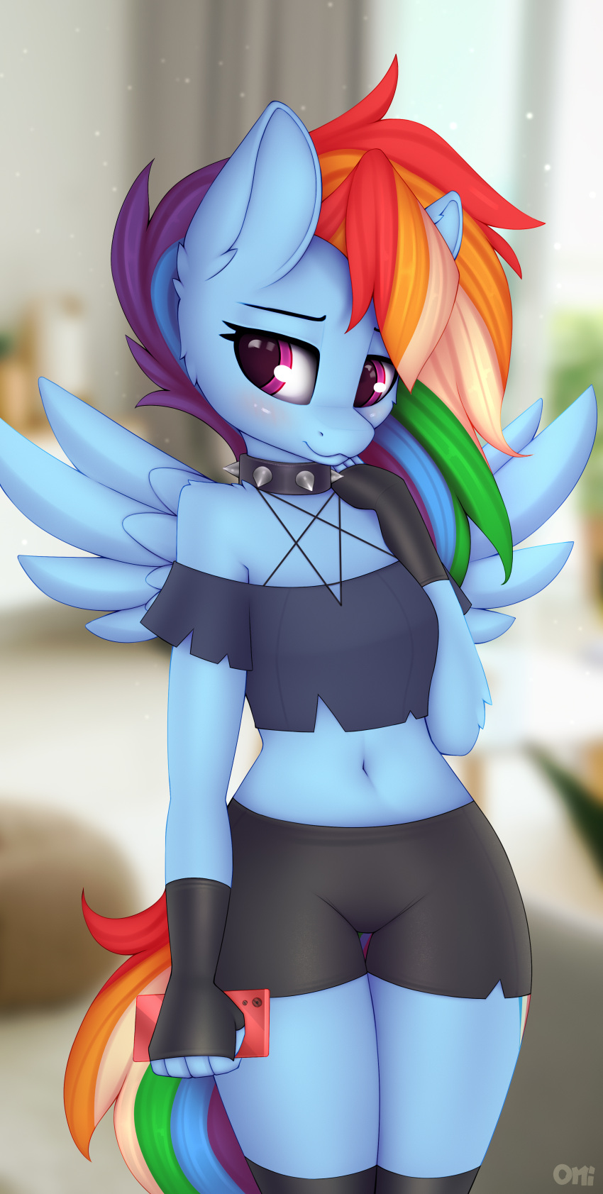 2024 absurd_res anthro blue_body blue_feathers blush collar cosplay equid equine feathered_wings feathers female friendship_is_magic hair hasbro helluva_boss hi_res loona_(helluva_boss) mammal midriff multicolored_hair my_little_pony mythological_creature mythological_equine mythology navek omiart pegasus purple_eyes rainbow_dash_(mlp) rainbow_hair smile solo spiked_collar spikes wings