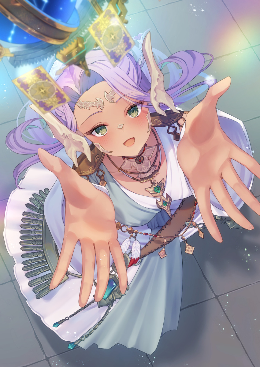 astrologian_(final_fantasy) au_ra blush card dark-skinned_female dark_skin dragon_horns final_fantasy final_fantasy_xiv from_above green_eyes highres horns khr_39 long_hair looking_at_viewer looking_up open_mouth outstretched_arms purple_hair scales tarot tarot_(card) warrior_of_light_(ff14)