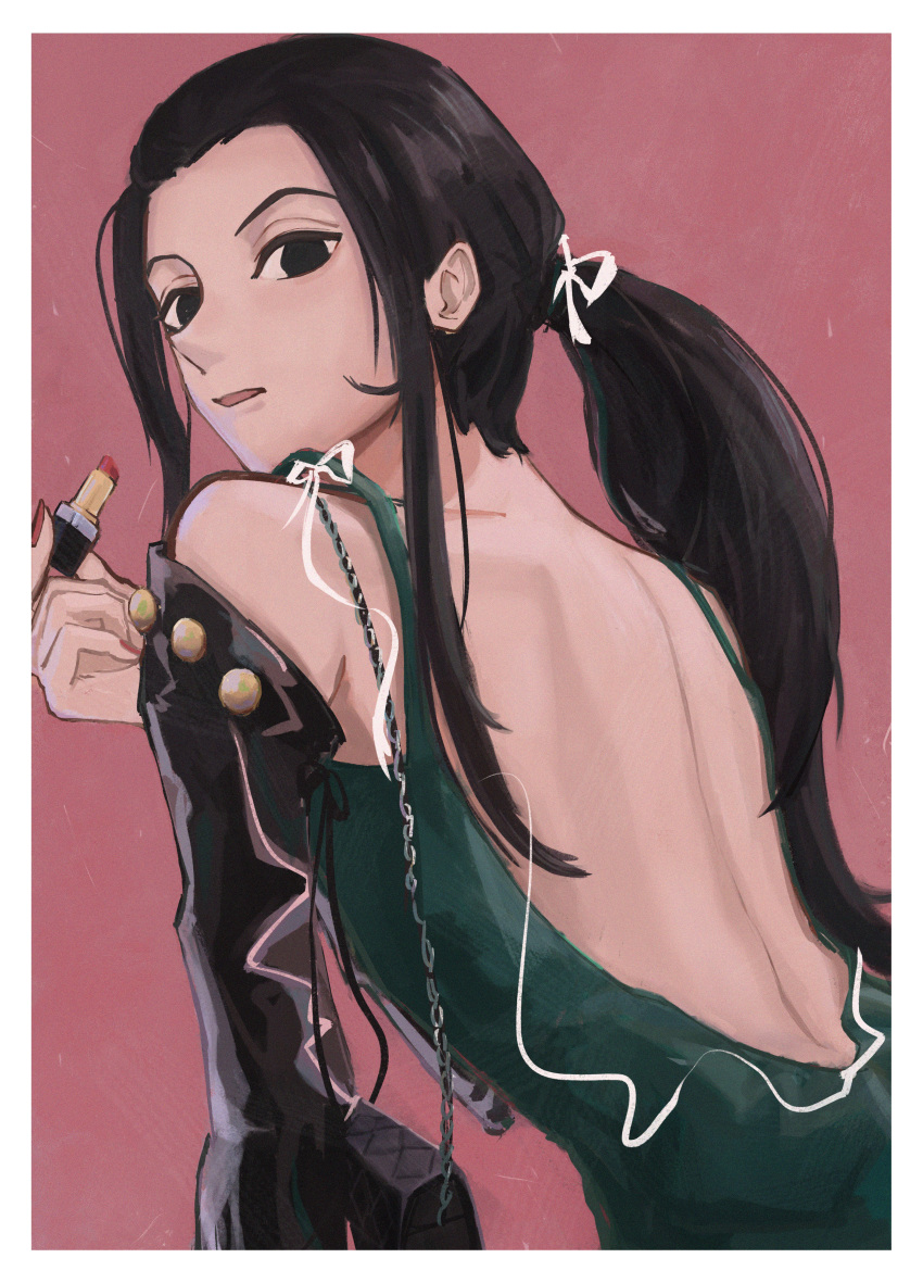 1boy absurdres alternate_costume backless_dress backless_outfit bad_anatomy bag black_eyes black_hair cosmetics detached_sleeves dress green_dress highres holding holding_lipstick_tube hunter_x_hunter illumi_zoldyck kusur1 lipstick lipstick_tube long_hair looking_at_viewer low_ponytail makeup male_focus nail_polish otoko_no_ko parted_lips red_background red_nails ribbon shoulder_bag sidelocks solo upper_body white_ribbon