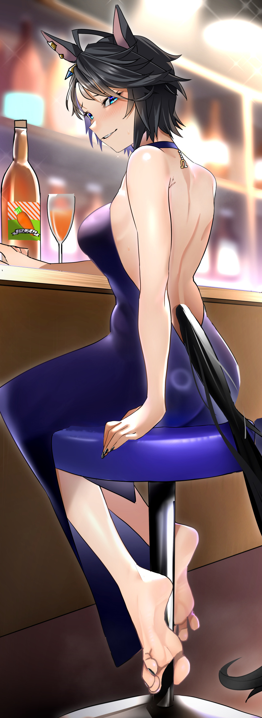 absurdres ahoge alternate_costume animal_ears arm_at_side arm_rest back backless_dress backless_outfit bar_(place) bar_stool bare_arms bare_shoulders barefoot between_toes black_hair black_nails blue_eyes blush bottle breasts carrot_juice counter cup dress drink ear_ornament female fingernails fuji_kiseki_(umamusume) full_body furrowed_brow grey_hair halterneck highres horse_ears horse_girl horse_tail indoors jewelry jitome_no_tsugumi juice light_smile long_dress looking_at_viewer median_furrow multicolored_hair nail_polish nose_blush on_stool parted_lips purple_dress short_hair shoulder_blades sitting sleeveless sleeveless_dress soles solo stool sweat tail three_quarter_view toenail_polish toenails toes two-tone_hair umamusume