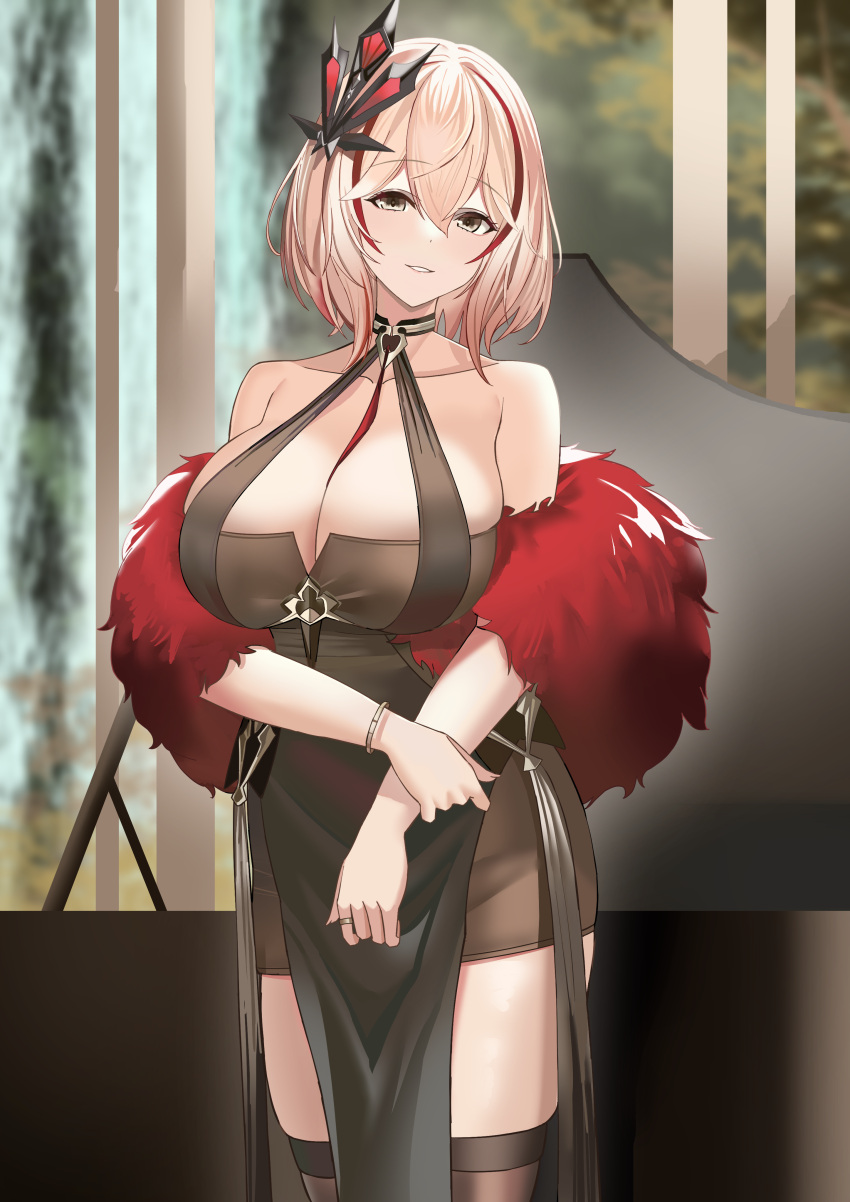 absurdres azur_lane bangle bare_shoulders between_breasts blonde_hair blurry blurry_background bracelet breasts brown_dress brown_eyes brown_thighhighs cleavage collarbone commentary cowboy_shot dress feather_boa female hair_between_eyes hair_ornament highres jewelry large_breasts looking_at_viewer multicolored_hair official_alternate_costume parted_lips pelvic_curtain ring roon_(azur_lane) roon_(viridescent_lullaby)_(azur_lane) short_hair sidelocks skindentation smile solo streaked_hair thighhighs thighs tnr_(horiko1525) two-tone_hair