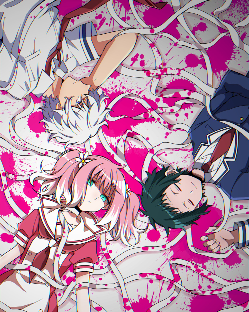 2boys bandages black_hair blood blood_on_bandages blood_splatter blue_jacket buttons commentary_request empty_eyes expressionless female flower green_eyes hair_flower hair_ornament highres hiiragi_nana jacket light_smile long_sleeves looking_at_viewer lying multicolored_hair multiple_boys munou_na_nana nakajima_nanao neckerchief necktie onodera_kyouya parted_lips pink_blood pink_hair pocket purple_eyes red_neckerchief red_necktie red_shirt sailor_collar sanpaku school_uniform shaded_face shirt short_sleeves smile twintails two-tone_hair upper_body wavy_hair white_flower white_hair white_sailor_collar white_shirt yukisa