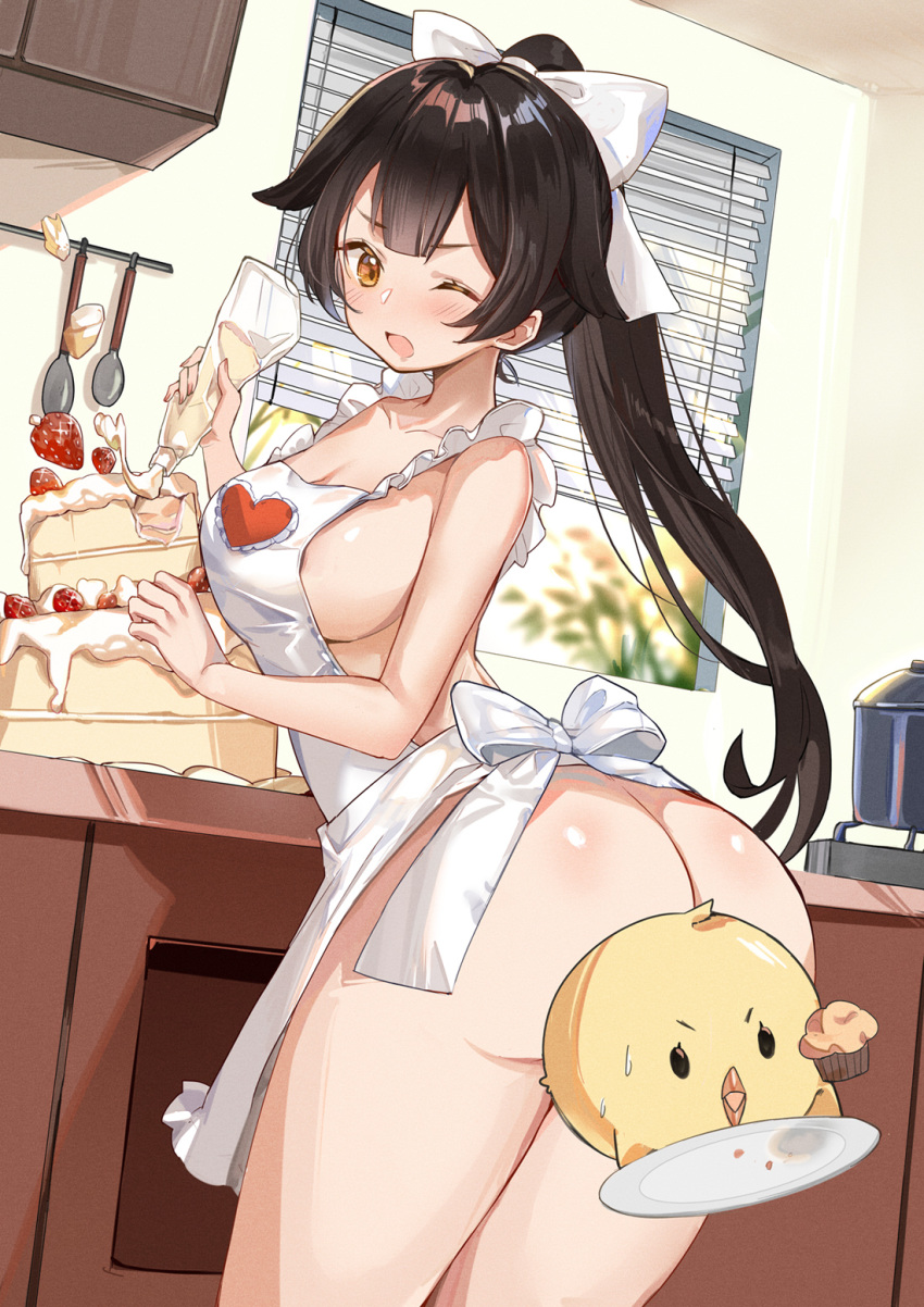 ;o apron ass azur_lane bare_arms bare_shoulders black_hair bow breasts brown_eyes cake cleavage commentary convenient_censoring cowboy_shot female food hairbow highres holding indoors kitchen large_breasts leaning_forward long_hair looking_at_viewer looking_back manjuu_(azur_lane) naked_apron one_eye_closed open_mouth ponytail rero_(bigdoorbig2) sideboob solo standing takao_(azur_lane) twisted_torso window_blinds