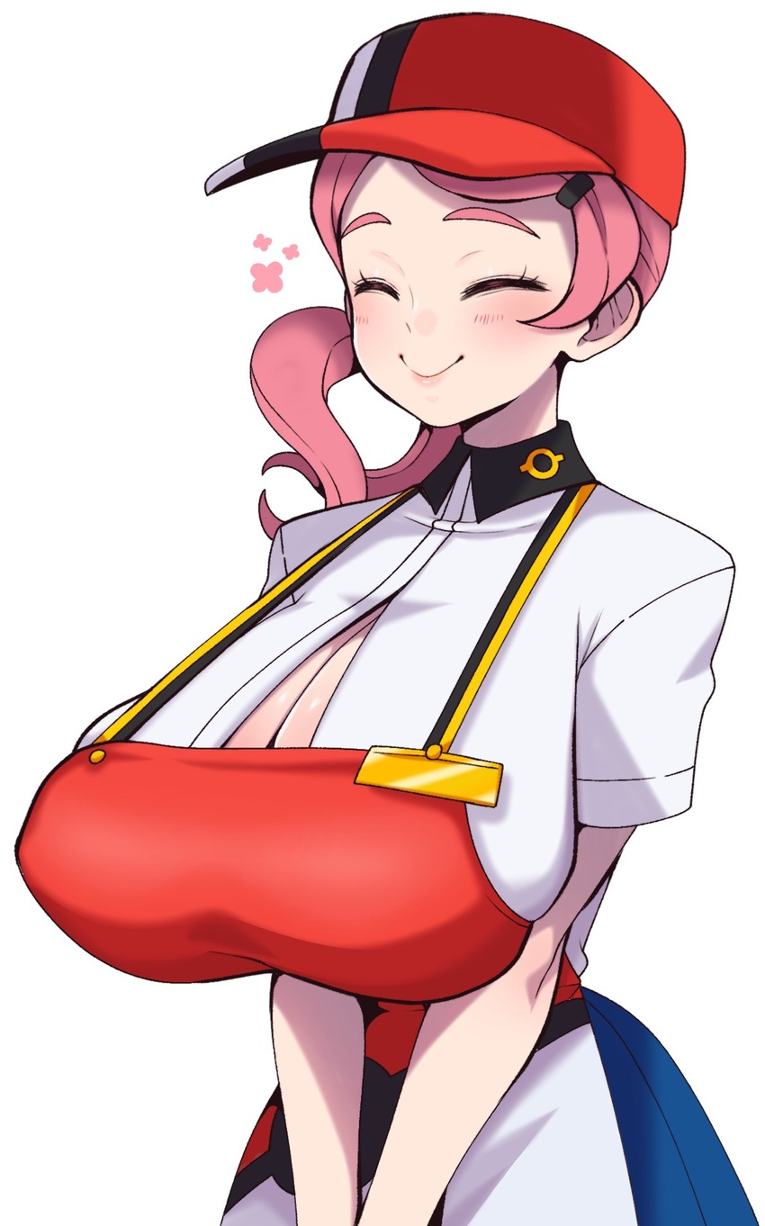 alternate_breast_size apron blush breasts cleavage closed_eyes collared_shirt female hat highres huge_breasts joy_(pokemon) medium_hair niucniuc nurse poke_ball_symbol pokemon pokemon_sv shirt short_sleeves simple_background smile solo suspenders swept_bangs thick_eyebrows