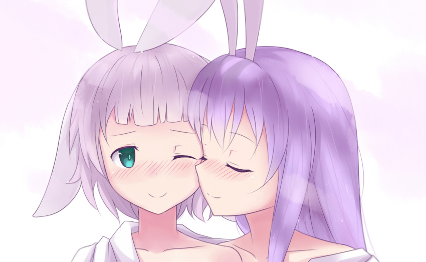 2girls ;( animal_ears blush cheek-to-cheek closed_eyes collarbone commentary cyan_aeolin english_commentary erina_(rabi-ribi) green_eyes heads_together irisu_(rabi_ribi) long_hair multiple_girls photoshop_(medium) portrait purple_hair rabbit_ears rabbit_girl rabi-ribi short_hair simple_background smile yuri