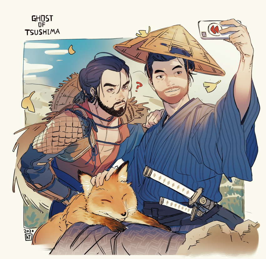 2boys ? anachronism animal arm_up armor beard black_eyes black_hair blue_hakama capelet cellphone closed_mouth collarbone commentary copyright_name day facial_hair falling_leaves fox ghost_of_tsushima hair_between_eyes hair_bun hakama hakama_skirt hand_on_another's_shoulder hand_on_own_hip hat highres holding holding_phone japanese_armor japanese_clothes kanataria katana kote leaf male_focus moustache multiple_boys open_clothes orange_hakama outdoors petting phone pinstripe_pattern ryuzo_(ghost_of_tsushima) sakai_jin samurai sash selfie sheath sheathed short_hair short_sword shoulder_armor single_hair_bun skirt sky smartphone straw_cape straw_hat striped stubble sweat sword taking_picture tantou upper_body weapon white_background