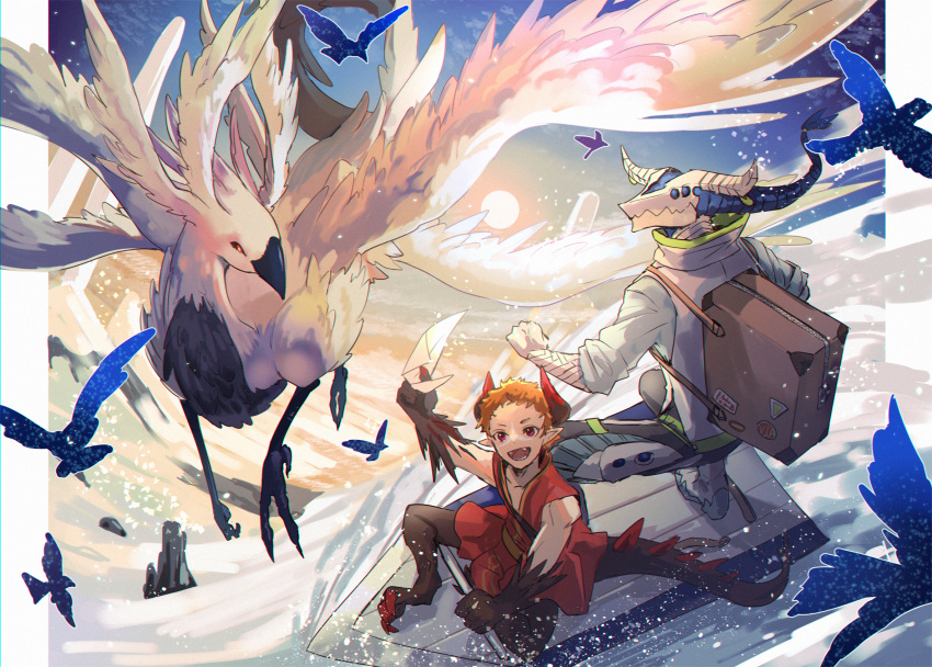 2boys backpack bag bird blue_eyes brown_gloves brown_hair clenched_hand extra_eyes gloves highres horns lizard_tail multiple_boys outdoors phima pixiv_fantasia pixiv_fantasia_mountain_of_heaven pointy_ears red_horns sled sleeveless standing suitcase sun tail