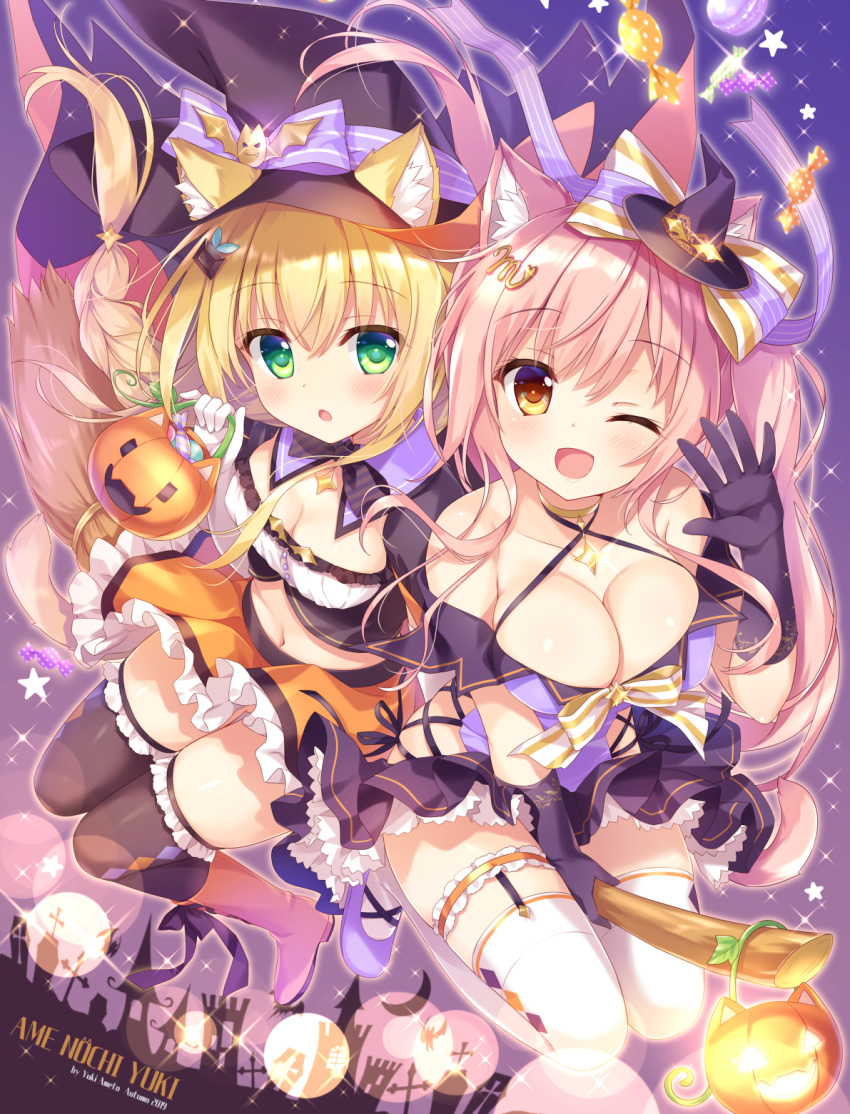 2girls :o ;d ameto_yuki animal_ears bare_shoulders basket black_gloves black_headwear blonde_hair boots bow braid breasts broom broom_riding brown_legwear candy cat_ears cat_girl cat_tail chocomint_(ameto_yuki) choker cleavage commentary_request criss-cross_halter crop_top ears_through_headwear elbow_gloves food gloves green_eyes hair_ornament hairbow halloween halterneck hat highres holding jack-o'-lantern large_breasts lens_flare long_hair looking_at_viewer macaron macaron_(ameto_yuki) medium_breasts midriff mini_hat miniskirt multiple_girls navel off-shoulder_shirt off_shoulder one_eye_closed open_mouth orange_eyes orange_footwear orange_skirt original pink_hair pumpkin purple_shirt purple_skirt shirt single_braid skirt smile sparkle star_(symbol) tail thighhighs twintails white_gloves white_legwear witch_hat zettai_ryouiki