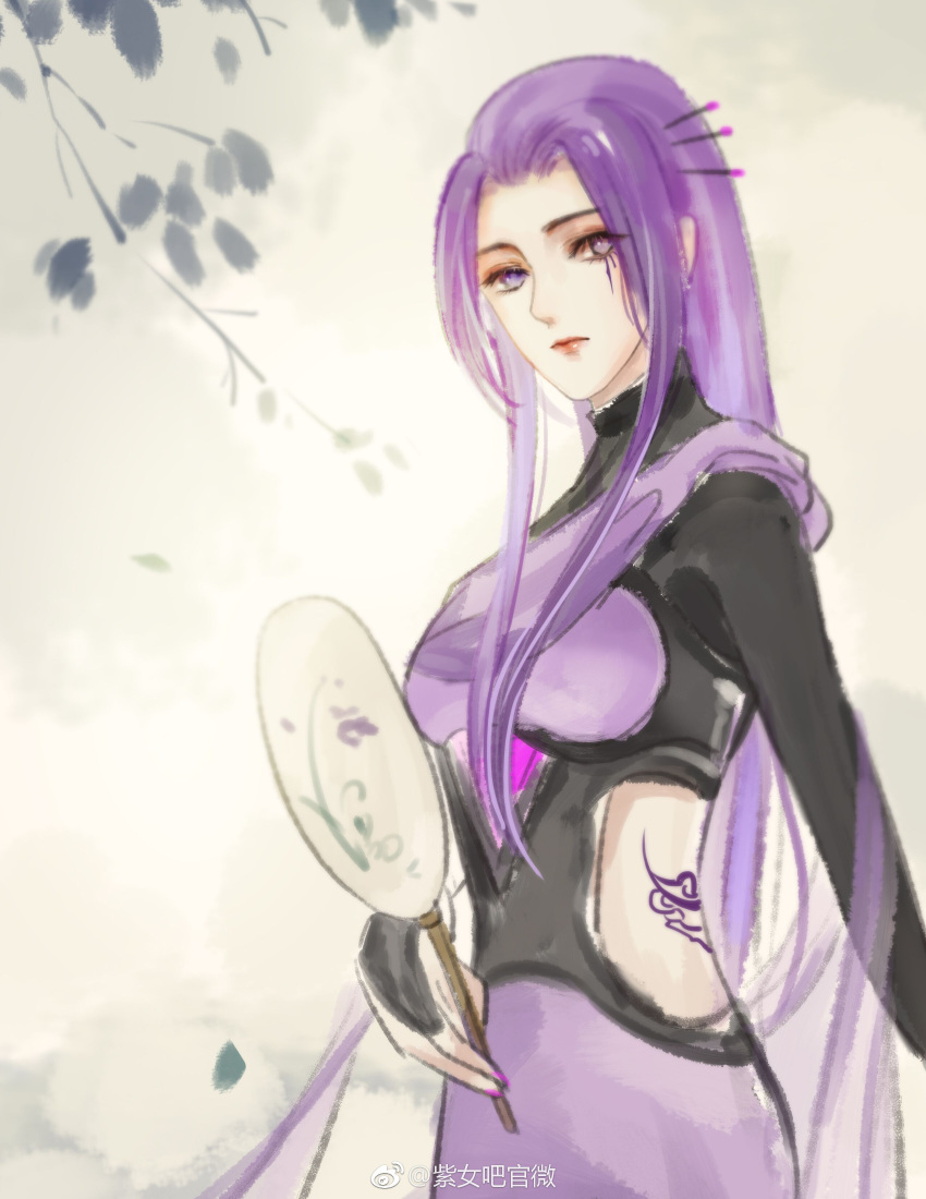 absurdres black_undershirt branch expressionless female grey_background hand_fan highres long_hair looking_back needle painting_(medium) purple_eyes purple_hair qinshi_mingyue solo tattoo traditional_media upper_body zi_nu_(qinshi_mingyue) zi_nu_zhuye_jun