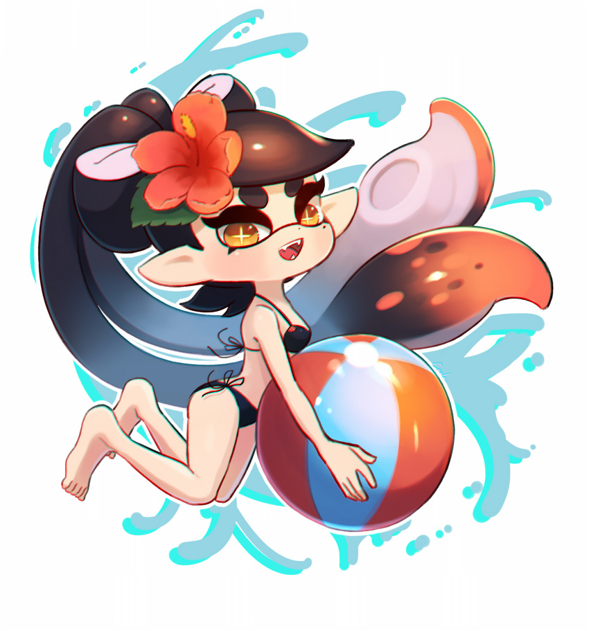 +_+ artist_name ball barefoot beachball bikini black_bikini black_hair callie_(splatoon) commentary coula_cat fangs female floating flower hair_flower hair_ornament highres holding holding_ball inkling looking_at_viewer mole mole_under_eye multicolored_hair open_mouth orange_flower orange_hair outline pointy_ears side-tie_bikini_bottom signature smile solo splatoon_(series) string_bikini swimsuit tentacle_hair two-tone_hair white_background white_outline