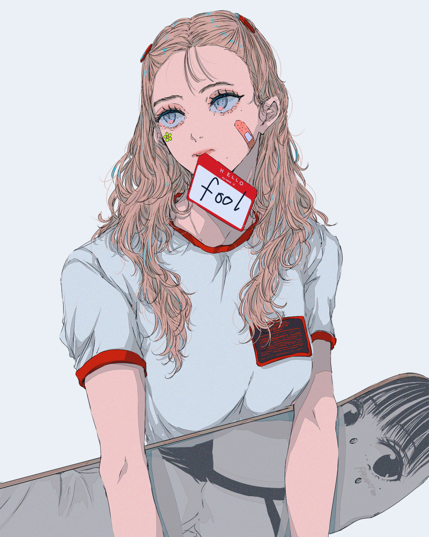 bandaid bandaid_on_face blonde_hair female grey_eyes highres long_hair mouth_hold najuco_(naju0517) name_tag original shadow shirt short_sleeves simple_background skateboard solo upper_body white_background white_shirt