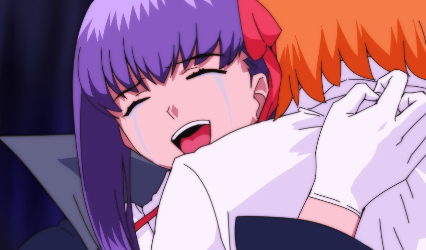 2girls bb_(fate) bb_(fate/extra) closed_eyes commentary crying derivative_work fate/extra fate/extra_ccc fate/grand_order fate_(series) fujimaru_ritsuka_(female) gloves hair_ribbon highres hug multiple_girls neon_genesis_evangelion open_mouth orange_hair parody popped_collar purple_hair red_ribbon rei_(rei_rr) ribbon screenshot_redraw smile streaming_tears tears the_end_of_evangelion white_gloves