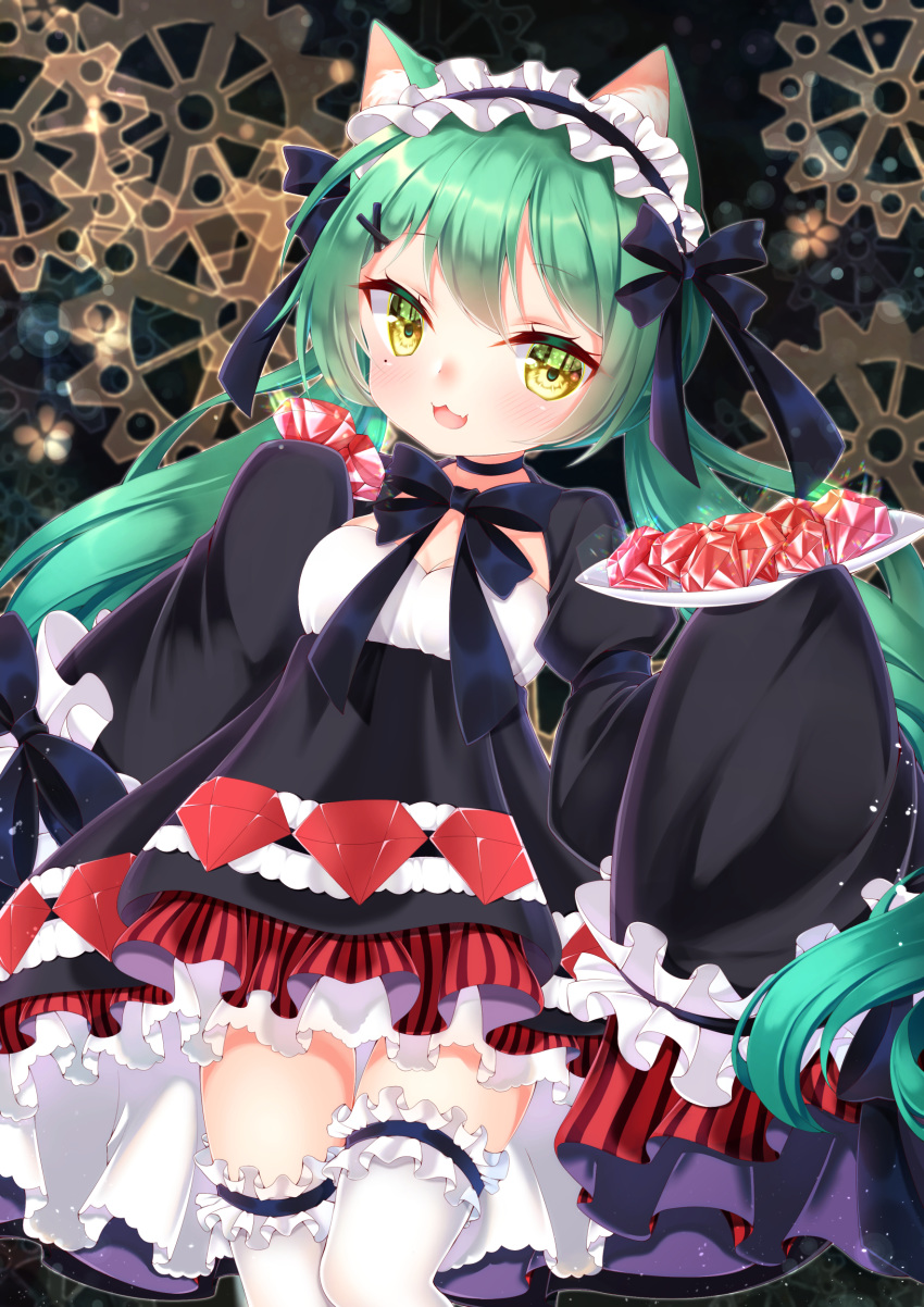 :3 :d absurdres akashi_(azur_lane) akashi_(the_black_cat_cometh!)_(azur_lane) animal_ear_fluff animal_ears azur_lane black_bow black_dress black_hairband blurry blurry_background blush bow breasts brown_eyes cat_ears cleavage commentary_request depth_of_field dress female frilled_hairband frilled_thighhighs frills gears gem gem_(azur_lane) green_hair hairband highres holding holding_plate juliet_sleeves long_hair long_sleeves looking_at_viewer mirai_(happy-floral) oerba_yun_fang official_alternate_costume open_mouth plate puffy_sleeves red_gemstone sleeves_past_fingers sleeves_past_wrists small_breasts smile solo striped thighhighs vertical_stripes very_long_hair white_thighhighs