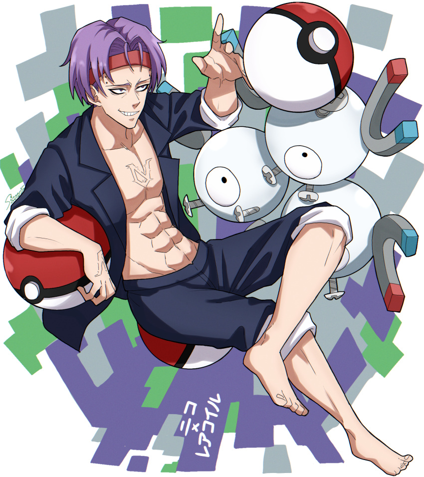 1boy abs bags_under_eyes barefoot black_jacket black_shorts chest_tattoo crossed_legs grin headband highres jacket magneton male_focus nico_vorgeil open_clothes open_jacket pectorals piercing poke_ball pokemon pokemon_(creature) purple_hair red_headband shishiruto short_hair shorts sitting smile solo tattoo undead_unluck