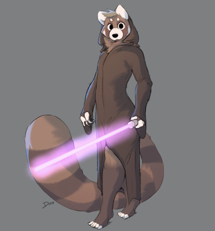 ailurid anthro barefoot blonde_hair brown_body brown_fur clothing feet fur hair hi_res lightsaber looking_at_viewer male mammal markings melee_weapon minedoo minedoo_(character) mostly_nude multicolored_body multicolored_fur pink_lightsaber red_panda robe robe_only simple_background solo star_wars striped_markings striped_tail stripes tail tail_markings two_tone_body two_tone_fur weapon