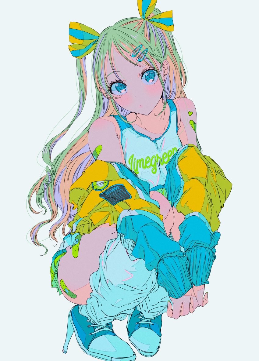 aqua_eyes bandaid blue_footwear female full_body hair_ornament hair_ribbon hairclip high_heels highres jacket long_hair looking_at_viewer multicolored_hair najuco_(naju0517) original ribbon simple_background socks solo squatting white_background white_socks yellow_jacket