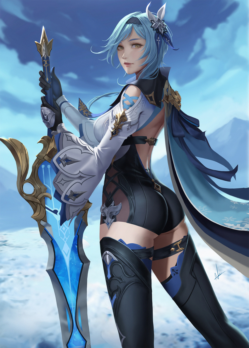 ass black_hairband black_leotard blue_cape blue_hair bodystocking cape cloud cloudy_sky cowboy_shot english_commentary eula_(genshin_impact) female from_side genshin_impact gloves greatsword hair_ornament hairband high-waist_shorts highres huge_ass leotard long_sleeves looking_at_viewer medium_hair nibelart planted planted_sword short_shorts shorts signature sky solo song_of_broken_pines_(genshin_impact) sword thick_thighs thigh_strap thighhighs thighs vision_(genshin_impact) weapon white_sleeves yellow_eyes