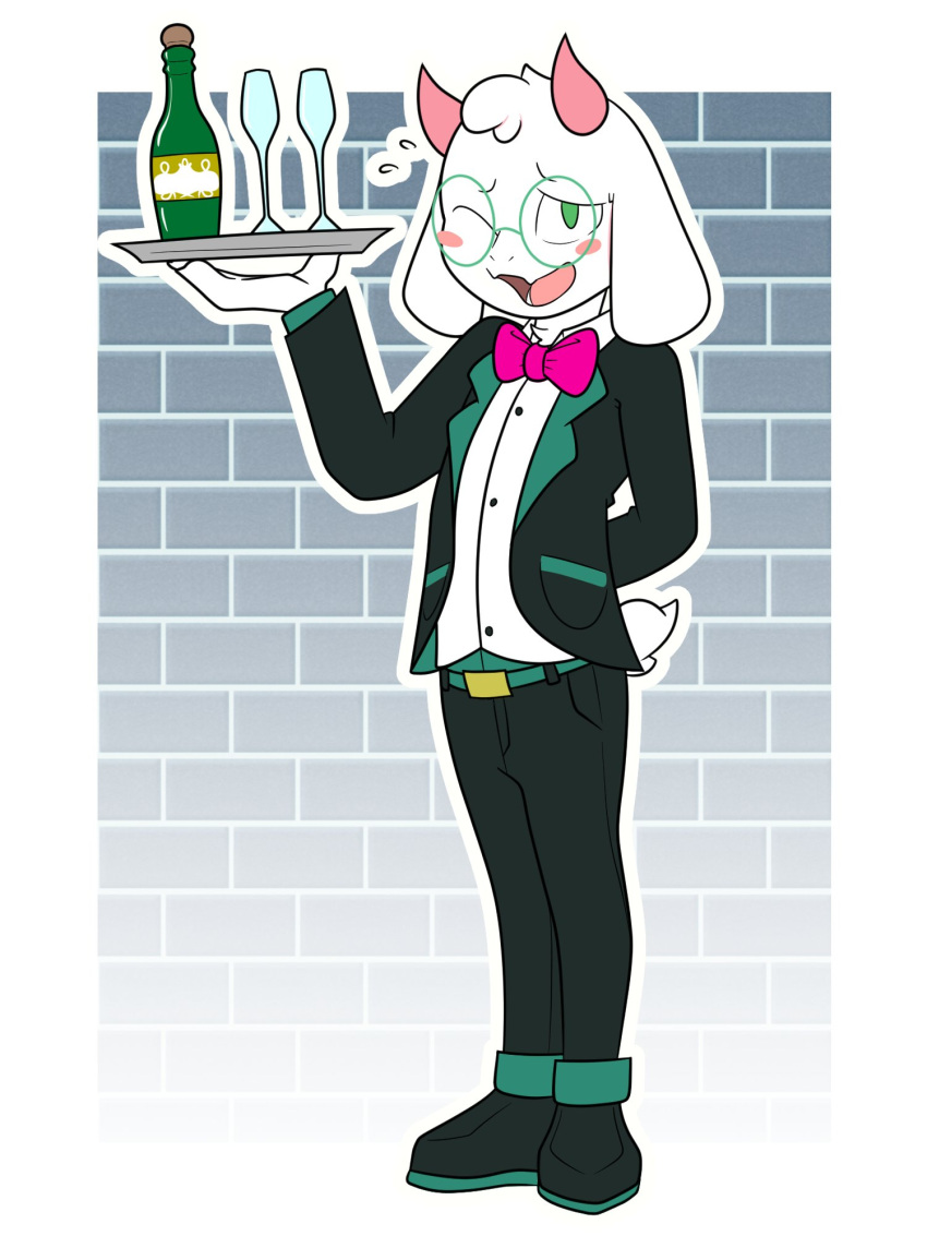 3:4 alcohol anthro belt beverage black_tie_(suit) blush blush_stickers bovid bow_(feature) bow_in_front bow_tie bran-draws-things caprine clothing container cup darkner deltarune eyewear fur glasses goat green_eyes hand_behind_back hi_res holding_object horn looking_at_viewer male mammal one_eye_closed open_mouth ralsei simple_background smile solo standing suit tray undertale undertale_(series) white_body white_fur wink