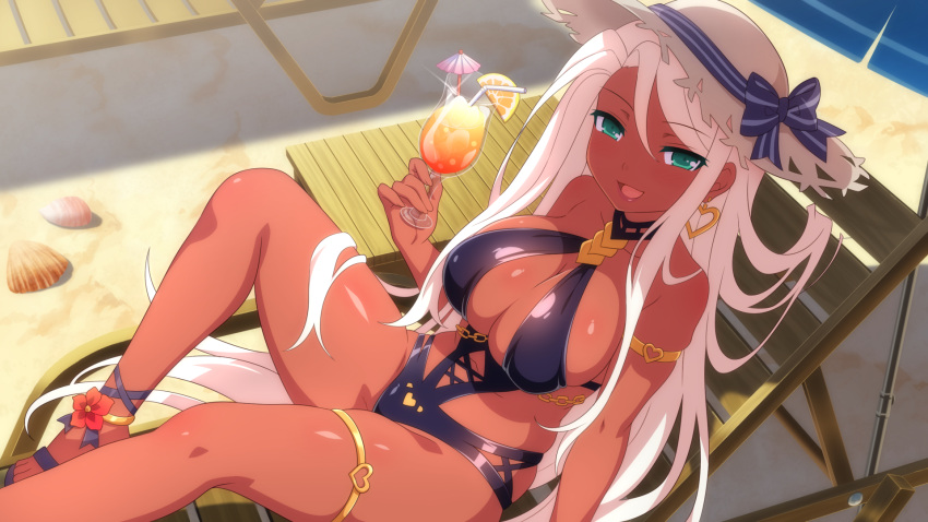 :d anklet armlet beach black_one-piece_swimsuit breasts cleavage dark-skinned_female dark_skin earrings female from_above game_cg glint green_eyes hat heart heart_earrings highres jewelry large_breasts lips long_hair looking_at_viewer marina_(sakura_succubus) navel non-web_source one-piece_swimsuit open_mouth outdoors sakura_succubus sandals shiny_skin sidelocks sitting skindentation smile solo straw_hat sun_hat swimsuit thighlet very_long_hair wanaca white_hair