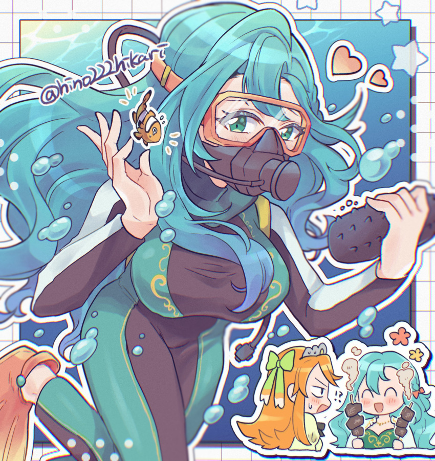 2girls aqua_hair bow braid breasts chloe_(fire_emblem) clownfish etie_(fire_emblem) fire_emblem fire_emblem_engage fish green_eyes highres hino222hikari holding holding_skewer large_breasts multiple_girls orange_bow orange_hair scuba_gear scuba_tank sea_cucumber side_braid skewer underwater