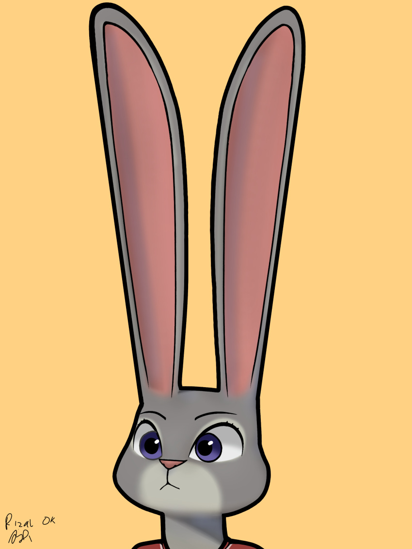 absurd_res anthro big_ears disney female fur grey_body grey_fur headshot_portrait hi_res judy_hopps lagomorph leporid long_ears mammal pink_nose portrait purple_eyes rabbit rizal_ok simple_background solo zootopia