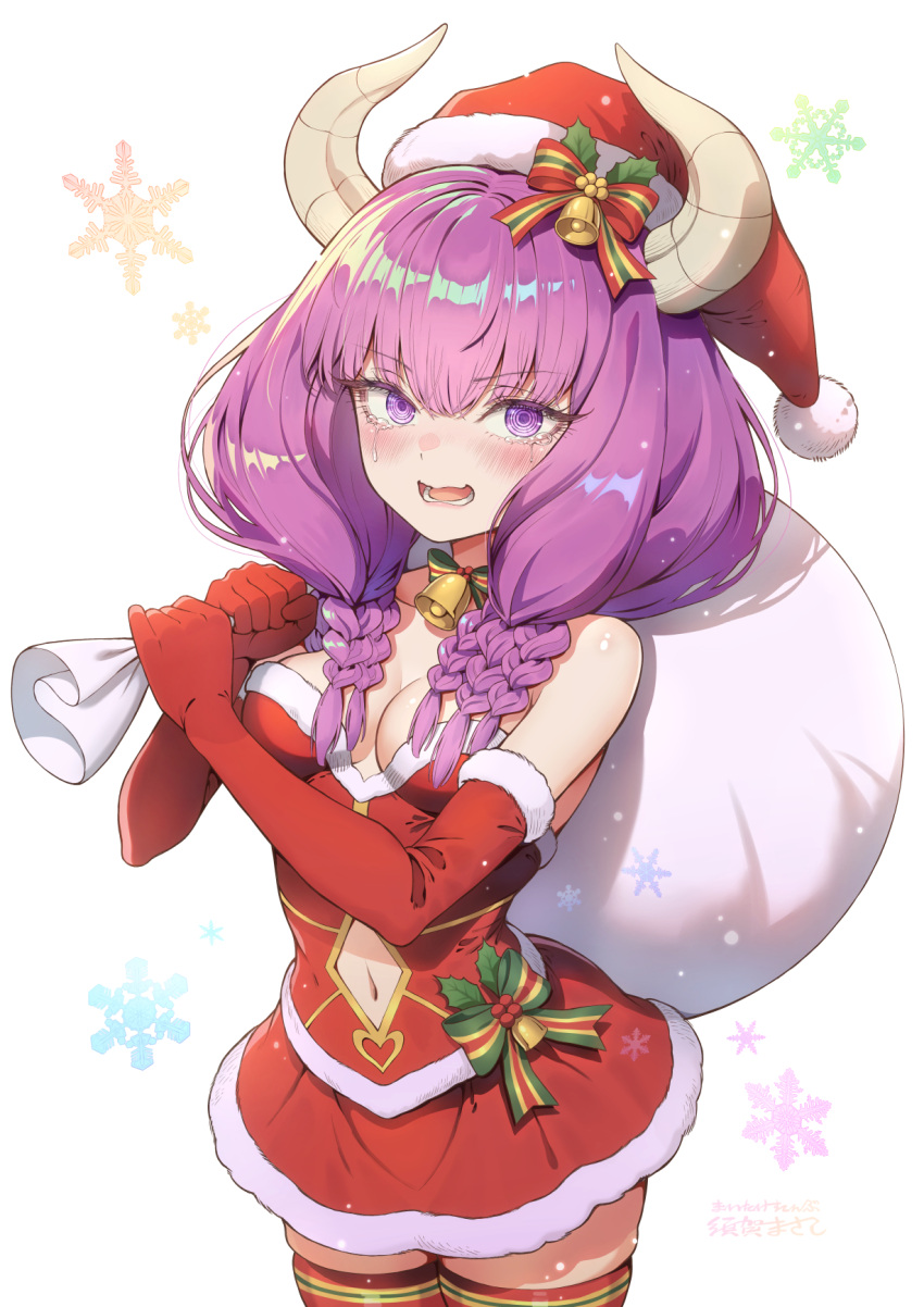 aura_(sousou_no_frieren) bare_shoulders bell blush bow braid breasts christmas cleavage clothing_cutout commentary_request crying crying_with_eyes_open demon_girl demon_horns dress elbow_gloves female fur-trimmed_dress fur-trimmed_gloves fur-trimmed_headwear fur_trim gloves hair_bell hair_between_eyes hair_ornament hairbow hat highres holding holding_sack holly horns long_hair looking_at_viewer low-braided_long_hair low-tied_long_hair lower_teeth_only multiple_braids navel navel_cutout neck_bell open_mouth purple_eyes purple_hair quad_braids red_dress red_gloves red_hat red_thighhighs sack santa_dress santa_hat skindentation snow snowflakes solo sousou_no_frieren strapless strapless_dress suga_masashi tears teeth thighhighs thighs white_background