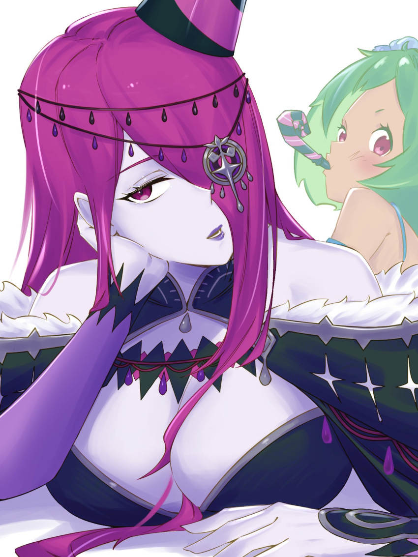 bare_shoulders black_dress blush breasts cleavage dark_skin dress flower fur_trim green_hair hair_ornament hair_over_one_eye hat highres large_breasts lolicon long_hair long_sleeves looking_at_viewer looking_back mature_female open_mouth party_hat party_horn purple_eyes purple_hair purple_lips re:zero_kara_hajimeru_isekai_seikatsu sekhmet_(re:zero) short_hair slothfulonie typhon_(re:zero) upper_body white_background