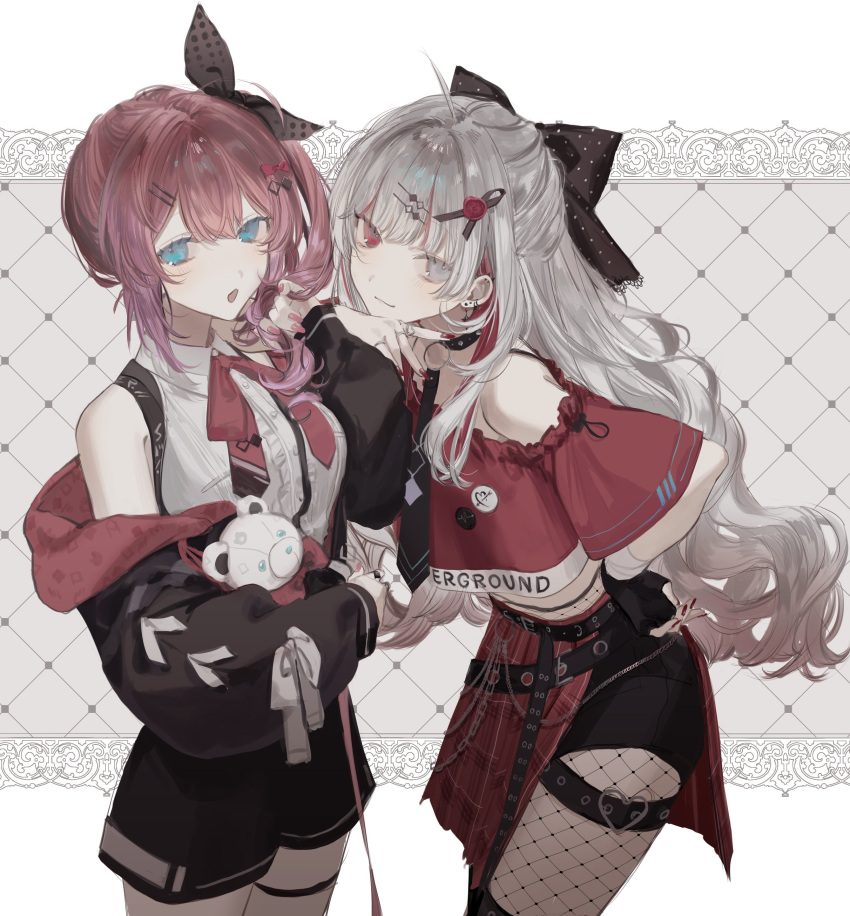 2girls absurdres black_bow black_collar black_gloves black_jacket black_shorts blue_eyes bow collar cropped_jacket fingerless_gloves fishnet_pantyhose fishnets gloves gradient_hair grey_eyes grey_hair heterochromia highres ishigami_nozomi ishigami_nozomi_(1st_costume) jacket kuramochi_meruto kuramochi_meruto_(1st_costume) long_hair midriff multicolored_hair multiple_girls nijisanji off_shoulder pantyhose pink_eyes pink_hair red_nails red_shirt red_skirt rene_(kuramochi_meruto) senri_(rnd_024) shirt shorts shorts_under_skirt side_ponytail side_slit single_glove skirt thigh_strap virtual_youtuber white_shirt