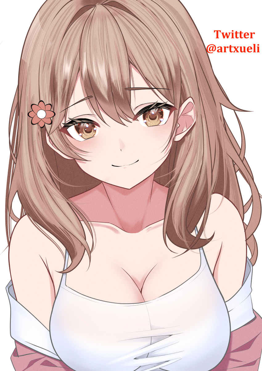 absurdres artist_name breasts brown_hair cleavage closed_mouth collarbone female flower hair_between_eyes hair_flower hair_ornament hairpin highres large_breasts long_hair looking_at_viewer loungewear mariya_mikhailovna_kujou simple_background smile solo tokidoki_bosotto_roshia-go_de_dereru_tonari_no_alya-san twitter_username watermark white_background xueli_shimazaki