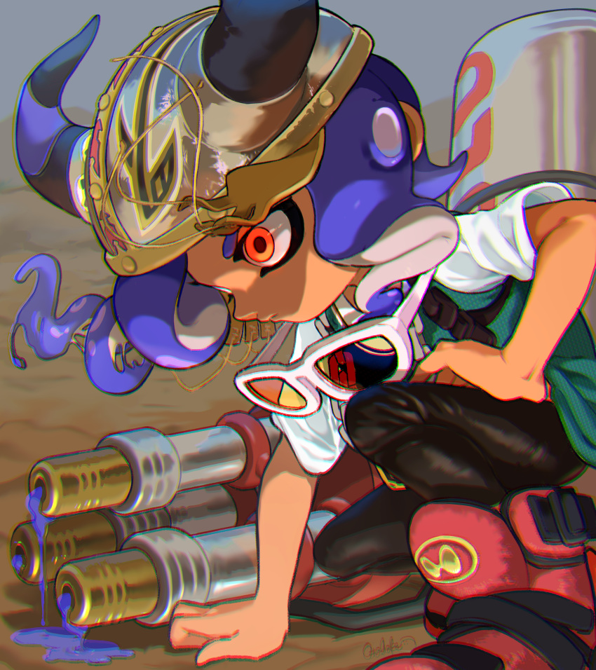 absurdres arm_support black_leggings blue_hair chromatic_aberration closed_mouth dripping fake_horns female full_body gatling_gun green_tank_top hand_on_own_leg helmet highres horned_helmet horns hydra_splatling_(splatoon) ink ink_tank_(splatoon) leggings long_hair looking_to_the_side minigun octoling octoling_girl octoling_player_character orange_eyes otoboke-san outdoors red_footwear shirt shoes short_sleeves signature sneakers solo splatoon_(series) tank_top tentacle_hair unworn_eyewear white-framed_eyewear white_shirt