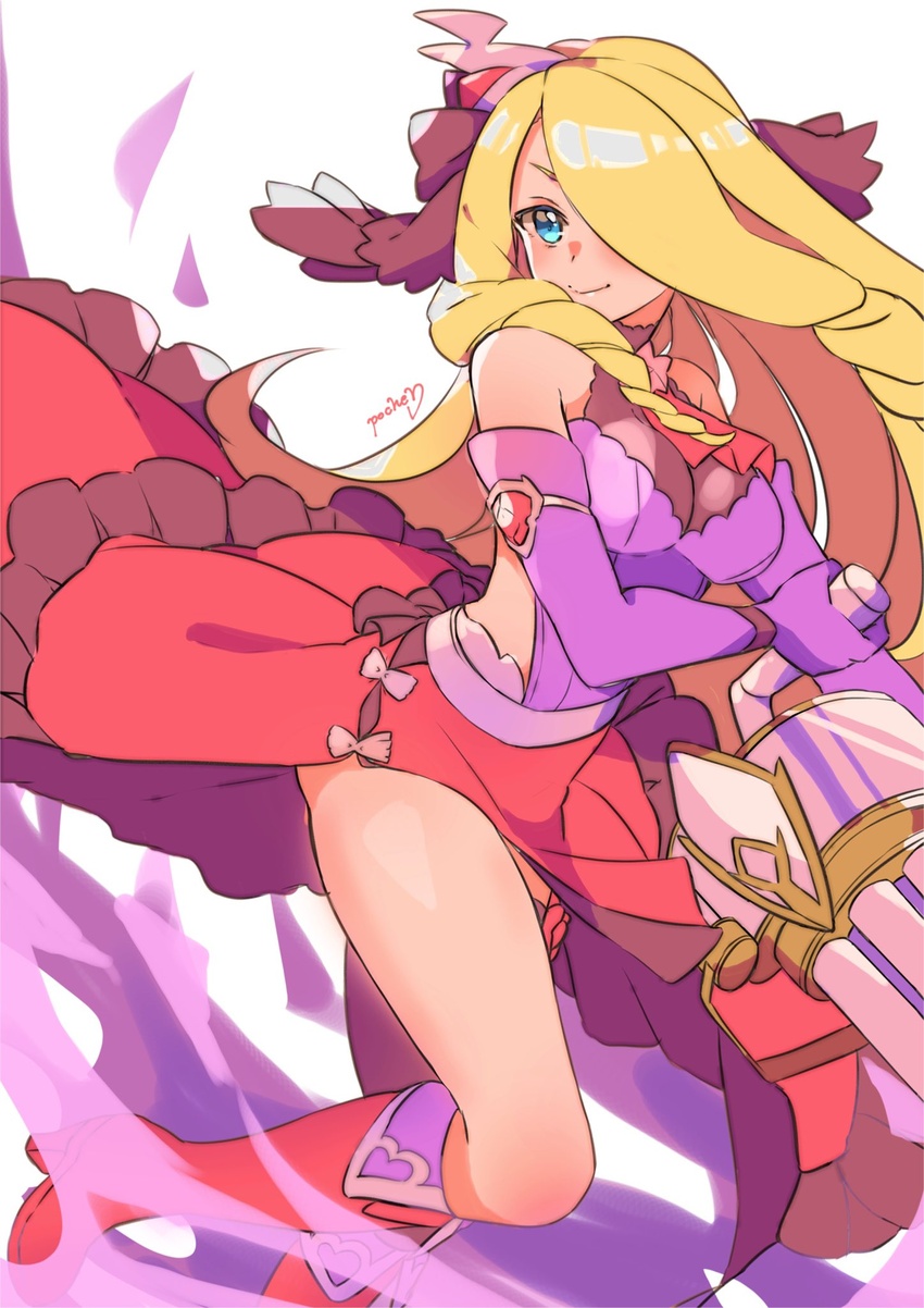 bare_shoulders blue_eyes boots breasts chelle_(dragalia_lost) closed_mouth dragalia_lost female gun hair_ornament hair_over_one_eye highres holding holding_gun holding_weapon large_breasts long_hair looking_at_viewer official_alternate_costume po_pooch solo thighs upper_body very_long_hair weapon