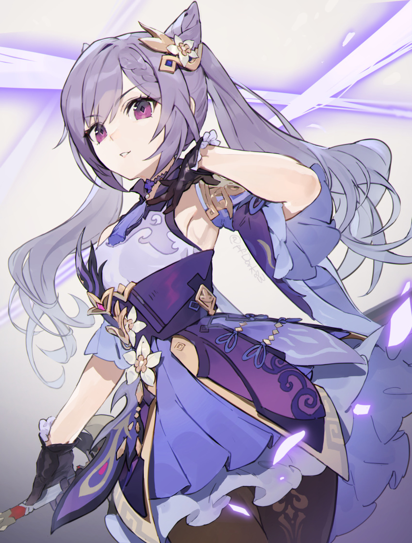 arm_up armpits black_gloves braid brown_pantyhose commentary cone_hair_bun cowboy_shot detached_sleeves dress female genshin_impact gloves grin hair_bun hair_ornament highres holding keqing_(genshin_impact) long_hair looking_at_viewer pantyhose parted_lips purple_dress purple_eyes purple_hair shirt sidelocks smile solo standing twintails type-alpha white_shirt