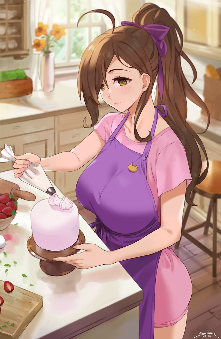 ahoge alternate_costume apron baking blurry bread breasts brown_eyes brown_hair cabinet cake cake_stand closed_mouth commentary counter curtains cutting_board day depth_of_field dress english_commentary female flower food from_above fruit hair_over_one_eye high_ponytail highres icing indoors kitchen kono_subarashii_sekai_ni_shukufuku_wo! large_breasts light_smile long_hair no_pants oversized_clothes oversized_shirt pastry_bag pink_dress pink_shirt ponytail purple_apron rolling_pin sendo_(sendrawz) shirt short_sleeves solo stool strawberry table valentine vase window wiz_(konosuba) wooden_floor