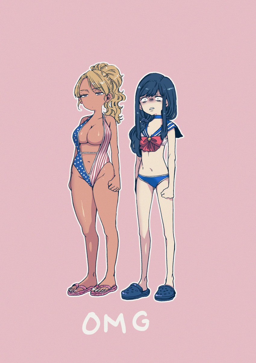 2girls american_flag_swimsuit angry bishoujo_senshi_sailor_moon black_eyes black_hair blonde_hair breasts cleavage clenched_hands clenched_teeth commentary_request crocs dark-skinned_female dark_skin food_court_de_mata_ashita full_body grey_eyes groin gyaru halterneck high_ponytail highres large_breasts long_hair low_tied_hair multiple_girls nariie_shin'ichirou navel one-piece_swimsuit pink_background sailor_bikini sailor_collar sailor_moon_narikiri_bra_set sandals small_breasts straight_hair swimsuit teeth unofficial_sailor_senshi_uniform wada_(food_court) wavy_hair yamamoto_(food_court)