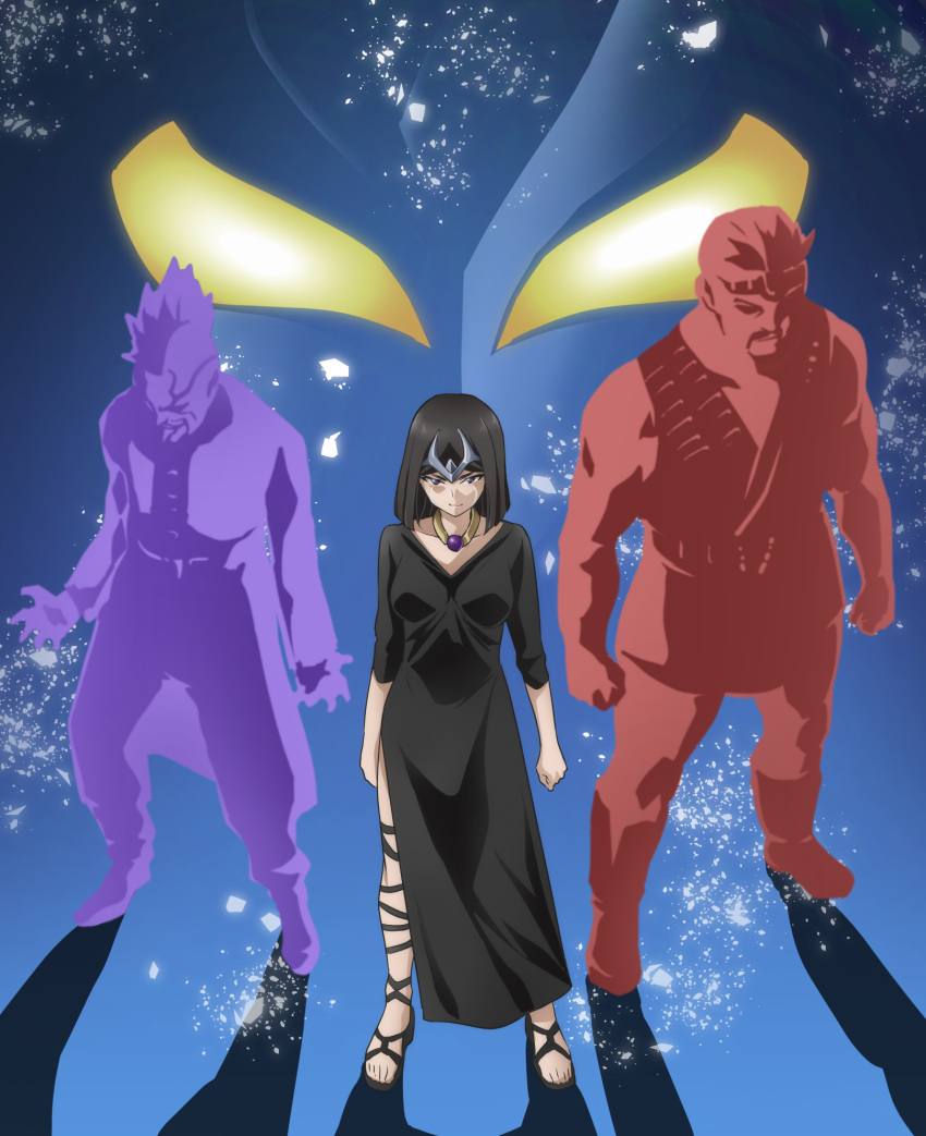 2boys black_dress black_hair breasts camearra darramb dress facial_tattoo female gradient_eyes highres hudra looking_at_viewer multicolored_eyes multiple_boys purple_eyes short_hair tattoo tokusatsu tongue tongue_out tsunashima_shirou ultra_series ultraman_tiga_(series) yellow_eyes