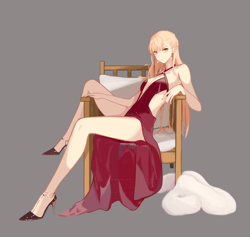 absurdres bare_legs blonde_hair braid breasts closed_mouth dress earrings female french_braid girls'_frontline grey_background hanser high_heels highres jewelry legs long_hair looking_at_viewer nail_polish official_alternate_costume orange_eyes ots-14_(girls'_frontline) ots-14_(ruler_of_the_banquet)_(girls'_frontline) red_dress sitting small_breasts solo_focus thighs