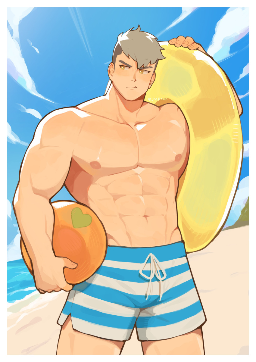 1boy abs absurdres all_saints_street bara beach blue_sky cloud commentary damao_(all_saints_street) day highres large_pectorals male_focus mature_male muscular muscular_male navel nipples outdoors pectorals sand sky solo stomach topless_male water yogireji