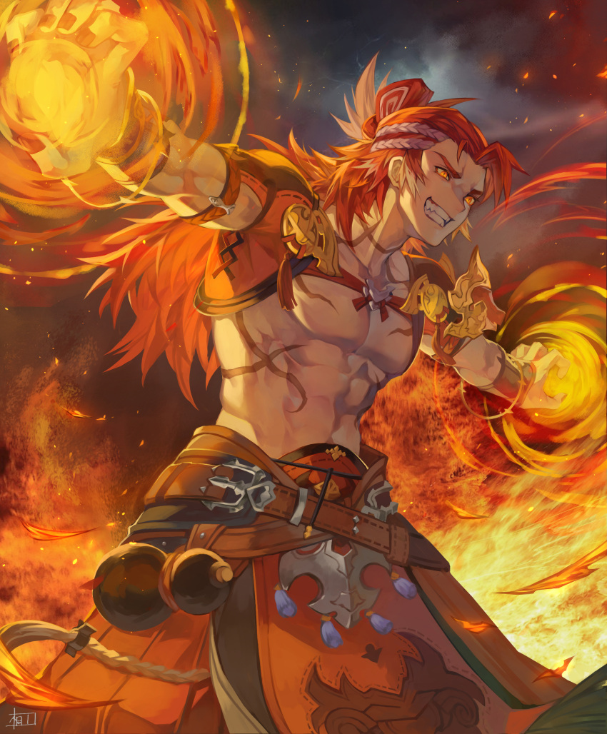 1boy abs black_nails body_markings fire fireball granblue_fantasy highres kiriyama2109 large_pectorals long_hair male_focus multicolored_hair muscular muscular_male nail_polish orange_eyes pectorals red_hair smile solo teeth two-tone_hair white_hair wilnas_(granblue_fantasy)