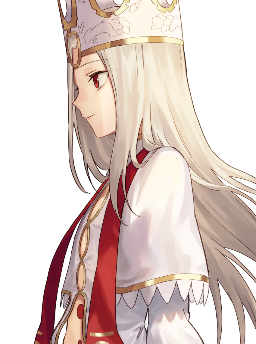 breasts capelet crown dress fate/stay_night fate_(series) female heaven's_feel highres illyasviel_von_einzbern illyasviel_von_einzbern_(dress_of_heaven) long_hair long_sleeves looking_to_the_side red_eyes sash simple_background small_breasts smile solo stole tesin_(7aehyun) white_background white_dress white_hair