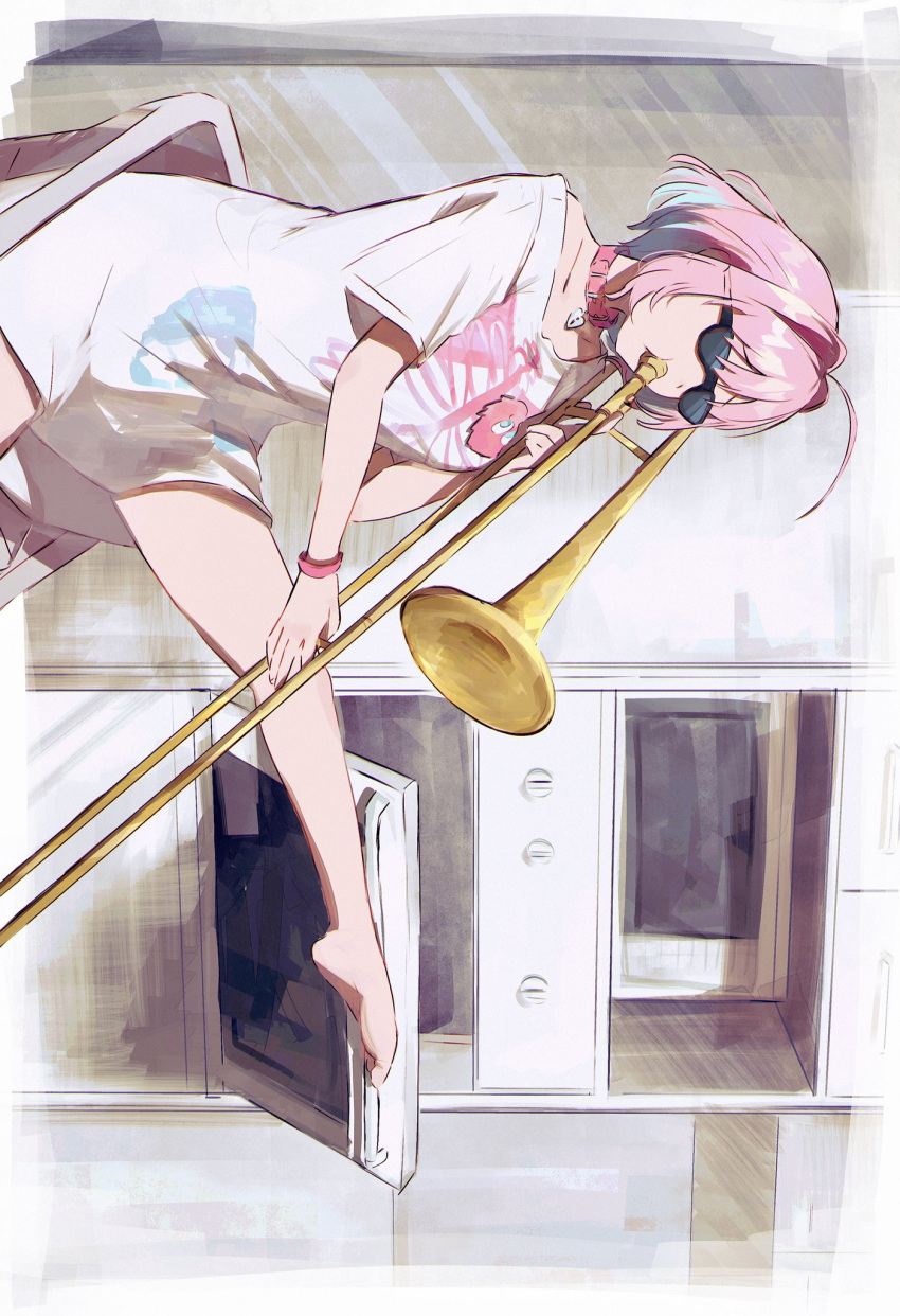 ahoge barefoot blue_hair choker female hamachamu heart-shaped_lock highres idolmaster idolmaster_cinderella_girls indoors instrument kitchen laundry_basket meme microwave multicolored_hair music no_pants oven oversized_clothes pink_hair playing_instrument shirt short_hair sideways sitting skeleton_print solo sunglasses t-shirt trombone two-tone_hair when_mama_isn't_home_(meme) yumemi_riamu