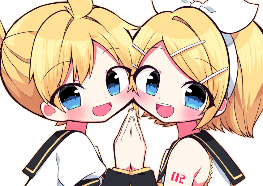 1boy bare_shoulders black_sailor_collar black_sleeves blonde_hair blue_eyes blush bow brother_and_sister cheek-to-cheek commentary detached_sleeves female from_side hair_ornament hairbow hairclip heads_together highres holding_hands kagamine_len kagamine_rin kasaki_sakura looking_at_viewer looking_to_the_side necktie open_mouth sailor_collar school_uniform shirt short_hair short_ponytail shoulder_tattoo siblings side-by-side sleeveless sleeveless_shirt smile spiked_hair swept_bangs symmetry tattoo twins upper_body vocaloid white_background white_bow white_shirt