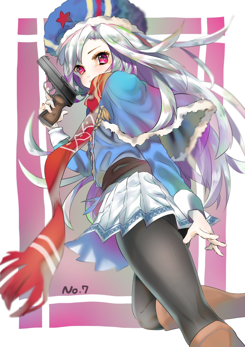 belt black_pantyhose blue_jacket blurry boots buttons capelet closed_mouth commentary_request depth_of_field eyelashes female from_behind fur-trimmed_capelet fur_hat fur_trim girls'_frontline gun hand_up handgun hat highres holding holding_gun holding_weapon jacket knee_boots kneepits long_hair looking_at_viewer looking_back makarov_(girls'_frontline) pantyhose partial_commentary pink_eyes red_scarf red_star scarf skirt solo star_(symbol) tassel tsubakiya_setsuna ushanka very_long_hair weapon white_skirt