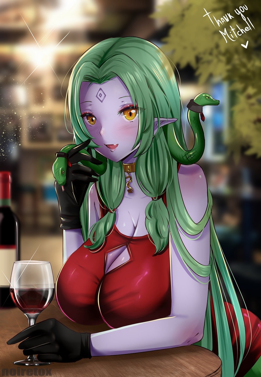 black_gloves blurry blurry_background breasts cleavage colored_skin commentary commission cup dress drinking_glass echidna_(monster_girl_encyclopedia) facial_mark female forehead_mark gloves green_hair highres lamia large_breasts long_hair monster_girl monster_girl_encyclopedia noiretox oerba_yun_fang orange_eyes purple_skin red_dress skin_fang snake_hair solo table wine_glass